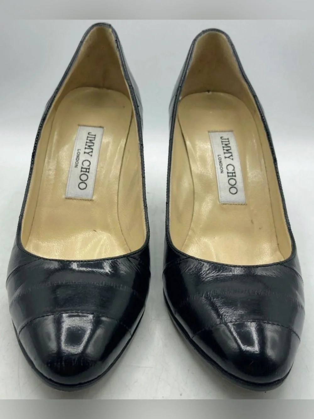 Jimmy Choo Vintage Black Eel Skin Gilbert Pumps Almond Toe Stiletto Heels 37.5